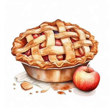 watercolor apple pie clipart, white background watercolor, handdrawn, detailed, realistic, white background