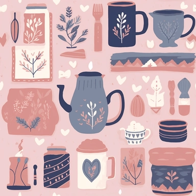 An image filled with loving, homely items that symbolize motherhood, such as a steaming coffee mug, a calming candle, a comfy pillow, and a heart-shaped pendant, all crafted in a paper-cut style. Each item interlinks seamlessly, set against a soft, pastel-toned backdrop, creating an enchanting pattern that encapsulates the warmth and care associated with a mother's love. in Clipart style