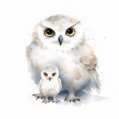 Watercolor relaistic animals, cute baby white owl with father clipart, white background, no caption, no text