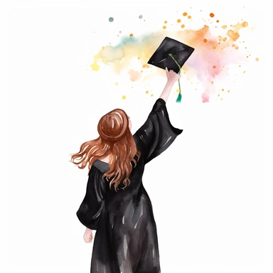 create a hand drawn watercolor clipart of girl in gown throwing graduation cap, white background, 4k