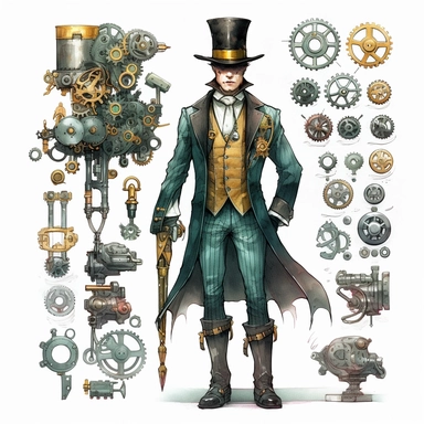 steampunk victorian prototype, full body, watercolor, gears, pinions, calipers, clocks, rivets, top hat, clipart, duo tone, realistic, ultra resolution, vivid detail, 8k, minimal watercolors, white background