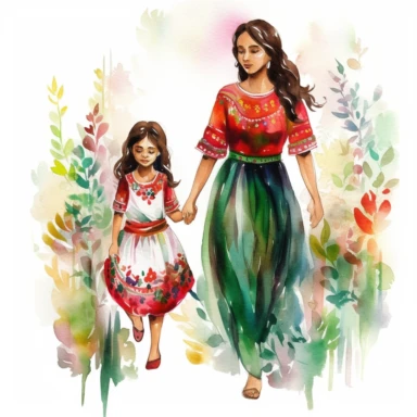 Watercolour illustration, A beautifu mexican Mom and Me Watercolor, Clipart, High Res, Mother's Day, Mother's Love, waterpaint, fresh colors, happy, white backgroundm, simplified Art Nouveau, walking, enchanted forest, front to camera, version 4 style, high detailed, sharp