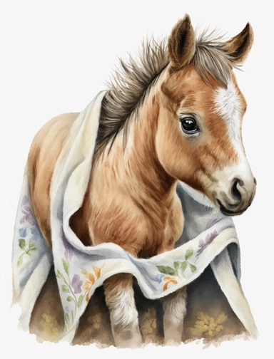 baby horse in a blanket, watercolor clipart, transparent background,