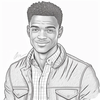 monochrome classic coloring book page of full body head to toe clipart style of smiling, handsome African American man with smooth skin no blemish, he has round detailed eyes, chiseled face with hair, hyper realistic, hyper detailed, hair is short curly clean cut, wearing a full leisure outfit, line art, 8k polished focused photography, there is no background on this image