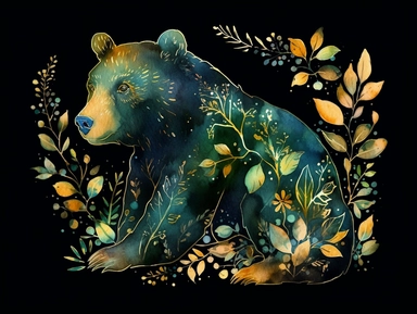 deep emerald gold watercolor Black bear with flowers plants clipart, golden metallic lines and some glitter, shining colors, dark background, 8k, high resolution