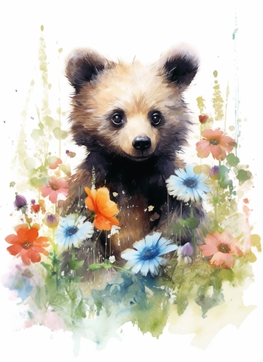 baby bear on a flower field, in the style of 2d game art, nostalgic paintings, 32k uhd, colorful dreamy watercolor scenes, adventure pulp, classical, historical genre scenes, rough-edged 2d animation, watercolor clipart, white background