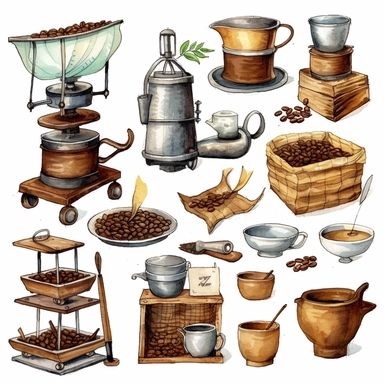 Coffee clip art, coffee beans makers takeaway drawings in watercolor style and clip art style