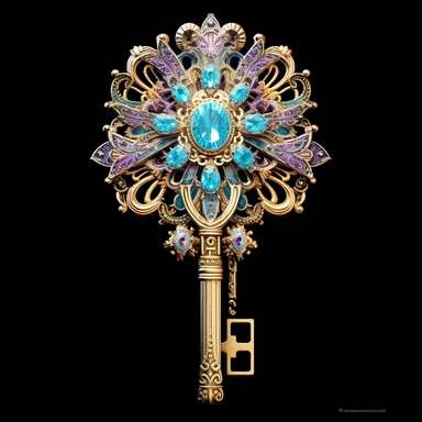 A mesmerizing clipart showcasing a legendary fairy tale tool: a shimmering and ornate key of wondrous proportions. The key should possess intricate details, such as delicate engravings depicting mythical creatures or symbols of magic. Its handle should be crafted from a rare and iridescent material, radiating an ethereal glow. The teeth of the key should be intricate and unique, as if they hold the secrets to unlocking mystical realms. Place the key against a pristine white background.