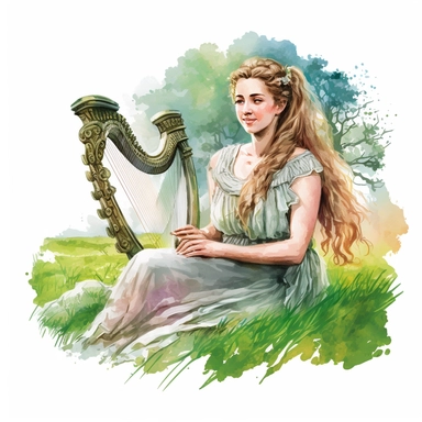 a beautiful and ultra realistic hellenistic dressed happy woman playing lyre on the grass with watercolor effect,ultra realistic and detailed face,ancient greece vibe,white background,suitable for digital clipart,hellenistic scene,ancient greece,vibrantly colors,greek columns