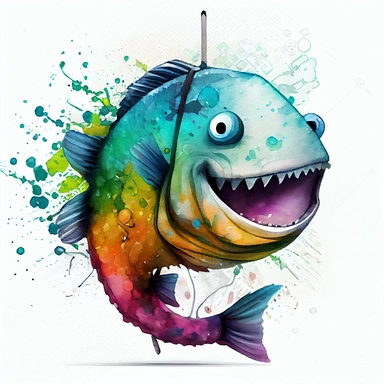 happy colorful big fish with a beautiful smile watching on a big hook and show with eyes that everyone is crazy, CLIPART sticker set, watercolor, ink, ultra-detailed, cartoon style, white background, black outside lines