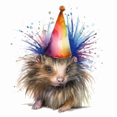 please create watercolor clipart of a porcupine smiling, wearing party HAT AND GLASSES, colorful, WHITE BACKGROUND