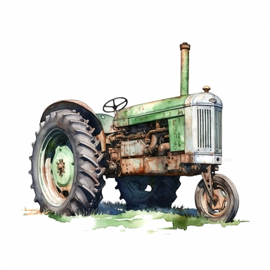 close up side view realistic watercolor drawing of a rusty green tractor on a dairy farm, on a white background where the background will be removed to repurpose as a clipart.