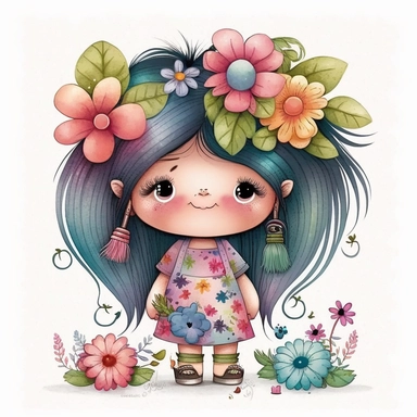 watercolour cute hairdresser style pink little troll girl, hairdresser, hairstylist troll character, holding scissors, hair brush, hairdryer, whimsical, adorable, cute, flowers, full image, big cute adorable eyes, Clipart style, white background