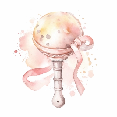 cute watercolor newborn soft beige baby rattle, watercolor effect, isolated white background, babyshower clipart, soft pink tones