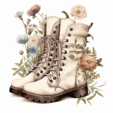 cottagecore clipart. white combat boots decorated with flowers. on a white background. cottagecore, feminine, frilly
