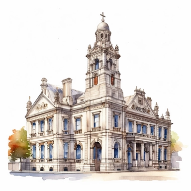 Isolated images, illustrations on a white background, City Hall Dulbin in Ireland, Clipart, watercolor, realistic, isolated, full building, highly detailed, hdr, 32K, photo expert quality, watercolor realistic, hyperrealistic and highly detailed, isolated on a white background