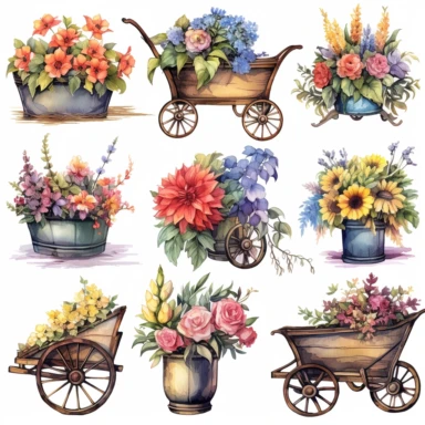 floral wheelbarrow watercolor clipart 7, in the style of h.n. werkman, wlad safronow, wilhelmina weber furlong, detailed, naturalistic charm, colorful arrangements, industrial themes