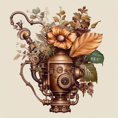 Create a captivating set of steampunk floral arrangements clipart that combines the enchanting elements of Victorian aesthetics with the futuristic allure of steampunk culture. Utilize digital illustration as the artistic medium to bring these unique compositions to life. Draw inspiration from steampunk genres, referencing the works of authors like Jules Verne and incorporating iconic steampunk imagery such as gears, clockwork mechanisms, and intricate metalwork. Embrace a vibrant color palette 