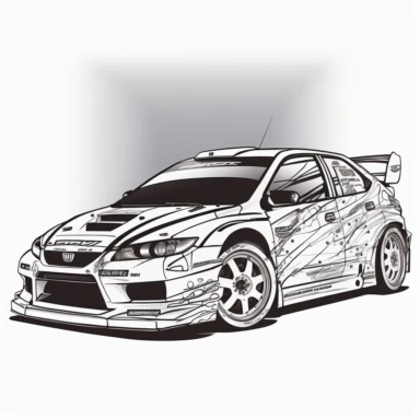 rally car, look like honda, line art, coloring page, printable, thin lines, no details, no shadow, crisp lines, illustration, vector, clipart