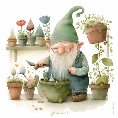 A watercolor painting of a grandad gnome potting plants in his greens house , gardening, greenhouse, grandad Gonk, cute gnome grandpa, grandad gnome, cute detailed digital art, inspired by nicoletta ceccoli, by Kubisi art, whimsical and cute, by nicoletta ceccoli, cute detailed artwork, glimmering, adorable and whimsical, whimsical art, Clipart style, png style, svg style, blank white background, a solid white background