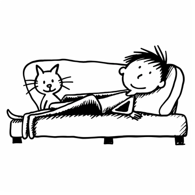 cute happy stick figure clipart about a boy stick figure, cute smiling happy, relaxing and lying with a cat on sofa, only black lines, isolated, low details, oneline art, white background,