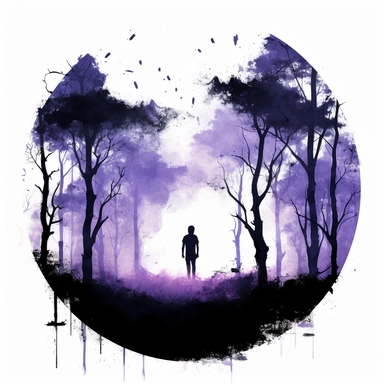 simple and minimalistic clipart in black ink and watercolor style with black ink splatter, witchcore scenery with deep creepy forest trees and the human shadow standing in the middle of the forest, in the twilight, dark blue and light purple color scheme, white background, uhd, high quality