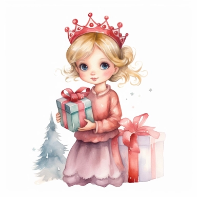 Cute christmas princess present watercolor Clipart