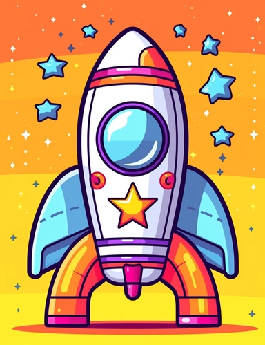 Kawaii rocket ready for takeoff with bright flames Colored Page,line art, thick lines,clipart, illustration,Detailed,Details,fit page, fill page