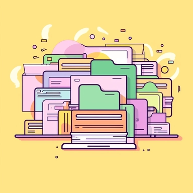 a simple flat microsoft office clip art style illustration of digital business contracts on a computer, documents organized into folders on the background, light pink green yellow pastel color palette--ar 16:9