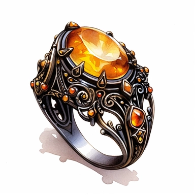 A beautifully illustrated Victorian gothic style witch ring in varying hues of orange, black and yellow, galaxy inside gemstone, stunningly beautiful, refined and sophisticated, Hand drawn, realistic watercolor, Clipart, watercolor, white background, intricate detail