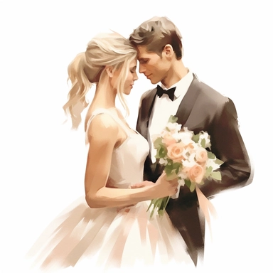 Wedding bride and groom, clipart, white background, in the style of elegant realism, muted and subtle tones, detailed painting, transparency and lightness