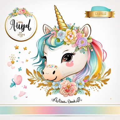 cute unicorn in chibi style with flowers in hair, colourful rainbow colours, well lite, with name plate ribbon with gold trim, watercolor clipart using procreate grain brush, svg white background