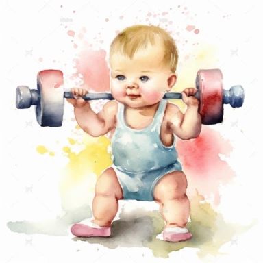 watercolour clipart of an European baby lifting weights