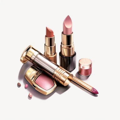 pink gold lipstick, nail polish, eye shadow, blush makeup, makeup bag, clipart style, to separated the products, makeup cosmetics, procreate illustration, on white background, hyper detailed, high resolution, illustration, 3D