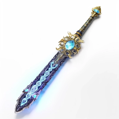 Create a mesmerizing clipart of a legendary sword against a pristine white background. The sword should be forged with exquisite craftsmanship, with an adorned hilt featuring intricate patterns and gemstones. Depict a radiant glow along the blade, hinting at its mythical powers.