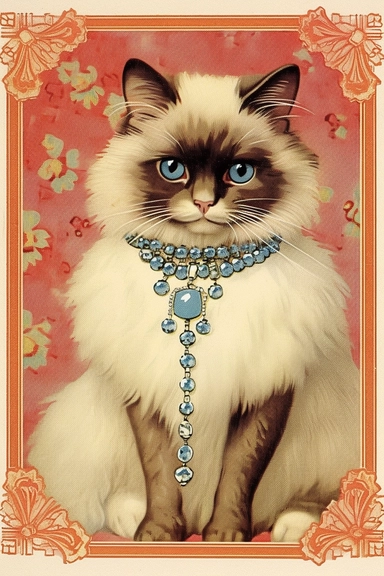 Vintage 1920 Ragdoll Cat wearing an elegant necklace encrusted with shimmering crystals and a matching bracelet Illustration , Chromolithograph, Die Cut, 1920s Illustration, Vintage, Chromolithograph, Colorful, Antique, Ephemera, Clipart, 8k, Isolated on white