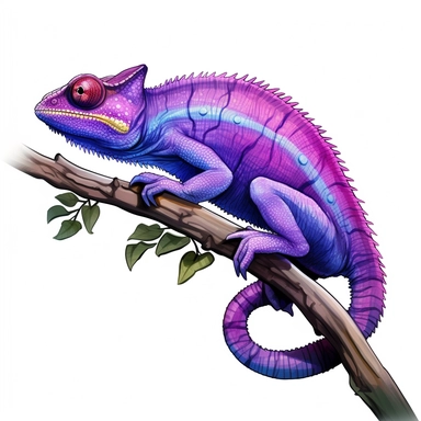 bright purple chameleon, clipart, detailed, curled tail, on a branch, clean lines, vibrant, white background