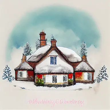 christmas, cute English country cottage, symmetrical, winter, snow, watercolor, clipart
