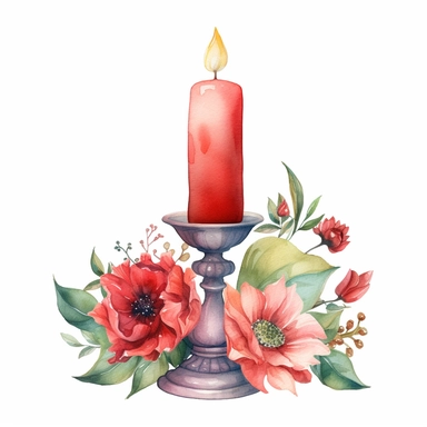 Watercolor one red Vintage candle holder with flowers as decoration Clipart, white isolated background, space out, hd, 8k, realistic