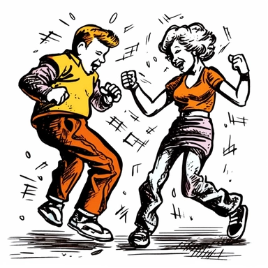an old 80's style of two young children dancing view 3d handraw clipart style easy draw simplist black and white vector simple doodle very with thick lines