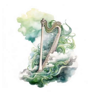 Magical style Big Dagda's Harp on the clouds from Kelt mythology with watercolor effect,Wild scene,Suitable for digital clipart,White background,green,khaki,dark colors
