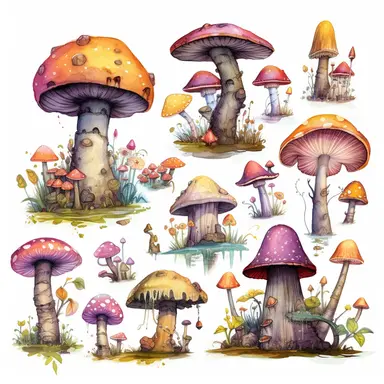 Create a collection of clipart featuring a magical world filled with enchanted mushrooms and whimsical creatures. Draw towering mushrooms with glowing caps, and tiny fairy-like creatures flitting around them. Use a white background and separate each element so they can be easily incorporated into any project. Add other fantasy elements such as castles, dragons, and unicorns to complete the scene. Let your imagination run wild with colors and details, bringing your mystical world to life.