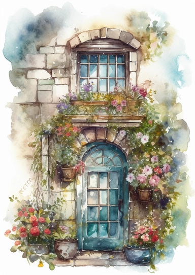 close up of a cute mystical and magical watercolor magical window of a stone cottage adorned with lush foliage and colorful flowers blooming in every window, clipart, hd, on white background, spaced out