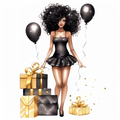 birthday black girl wearing black dress full body with gift boxes, fantasy clipart, on white background, hd, watercolor art