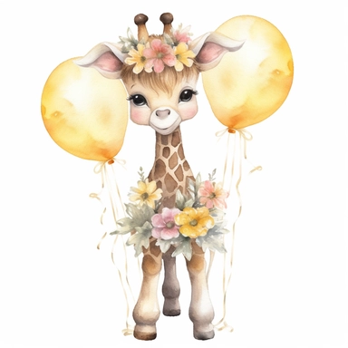 baby giraffe nursery full body watercolor style clipart, happy, with floral crown on head, Disney style, holding beige balloons