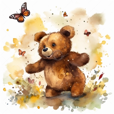 Watercolor clipart of an animated woodland bear, frolicking amongst fluttering, colorful butterflies, its fur is a vibrant mix of deep browns and blacks, the scene bathed in the golden glow of a late summer afternoon, joyous and lively atmosphere, Illustration, digital watercolor with emphasis on light and shadows,