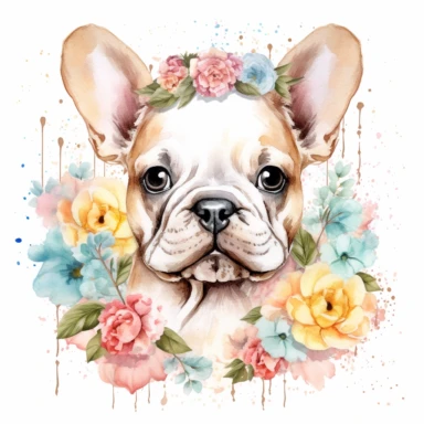 watercolour beautiful neutral white floral cute realistic French bulldog puppy with roses dahlias peonies beautifully detailed cute face perfect facial features and ears four perfect legs and paws beautiful cute realistic French bulldog puppy, png clipart, 300dpi, graphic clipart,computer graphics,high resolution print graphics