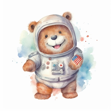 A cute hand-drawn watercolor Astronaut Beaver in Space expressing happiness, smiling, laughing, cute core, happy core, Watercolor Nursery Theme, Clipart, flat illustration, isolated on white background, single image variant, 16K megapixels UHD,
