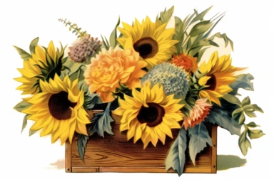 Vintage 1920 detailed open box of sunflowers Illustration , Chromolithograph, Die Cut, 1920s Illustration, Vintage, Chromolithograph, Colorful, Antique, Ephemera, Clipart, 8k, Isolated on white