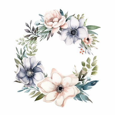 one white floral wreath Watercolor clipart with white background and leaves by sarah tuscany, in the style of digital gradient blends, dau al set, decorative borders, ue5, black background, kinuko y. craft, ephemera, no watermark, text, 300 DPI , typography, shapes do not stick together, no text in the picture, on a white background